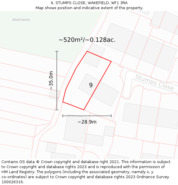 9, STUMPS CLOSE, WAKEFIELD, WF1 3RA: Plot and title map