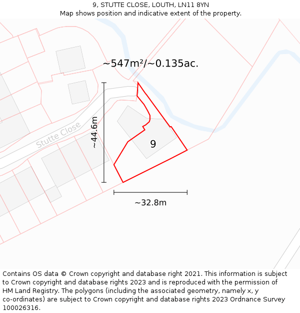 9, STUTTE CLOSE, LOUTH, LN11 8YN: Plot and title map