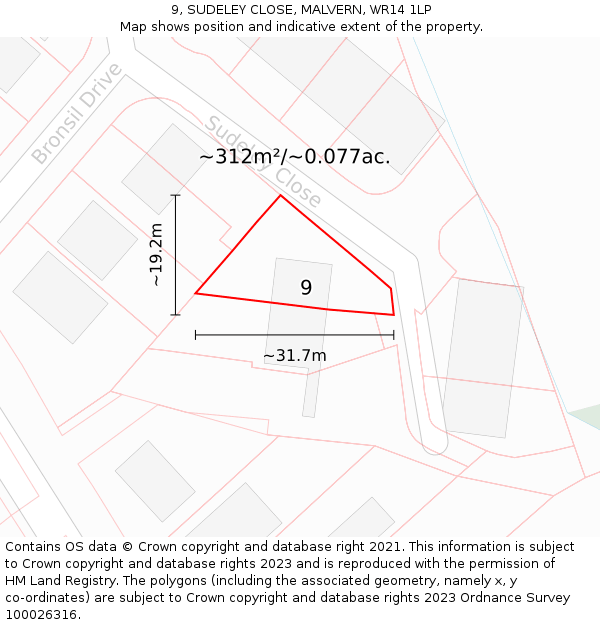 9, SUDELEY CLOSE, MALVERN, WR14 1LP: Plot and title map