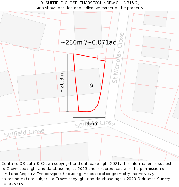 9, SUFFIELD CLOSE, THARSTON, NORWICH, NR15 2JJ: Plot and title map