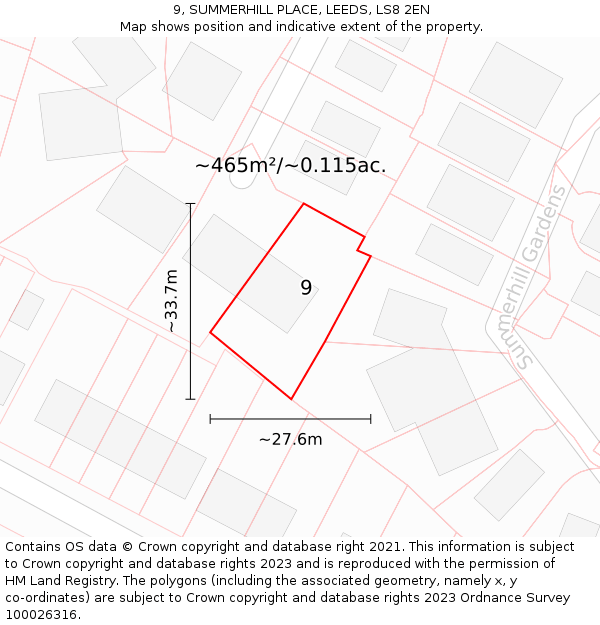 9, SUMMERHILL PLACE, LEEDS, LS8 2EN: Plot and title map