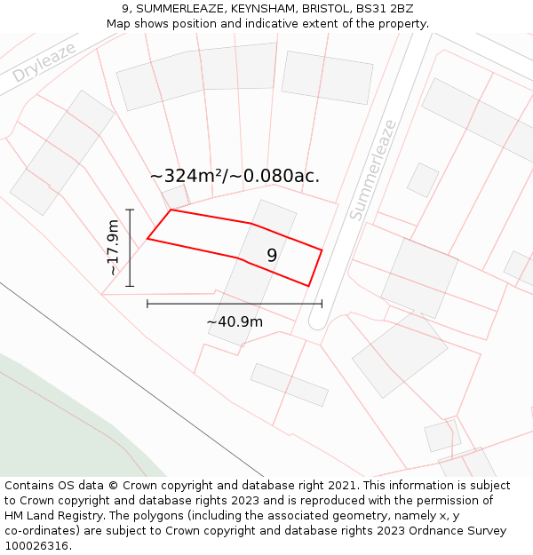 9, SUMMERLEAZE, KEYNSHAM, BRISTOL, BS31 2BZ: Plot and title map