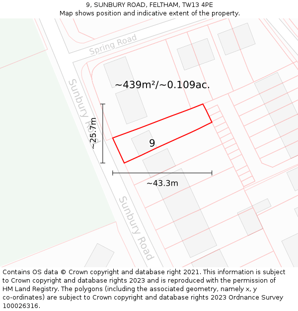 9, SUNBURY ROAD, FELTHAM, TW13 4PE: Plot and title map