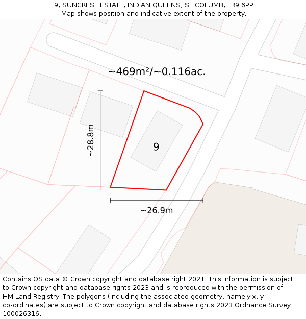9, SUNCREST ESTATE, INDIAN QUEENS, ST COLUMB, TR9 6PP: Plot and title map