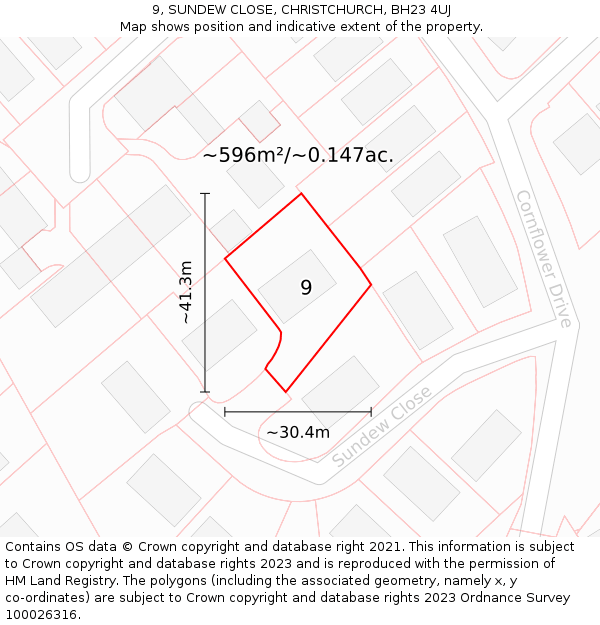 9, SUNDEW CLOSE, CHRISTCHURCH, BH23 4UJ: Plot and title map