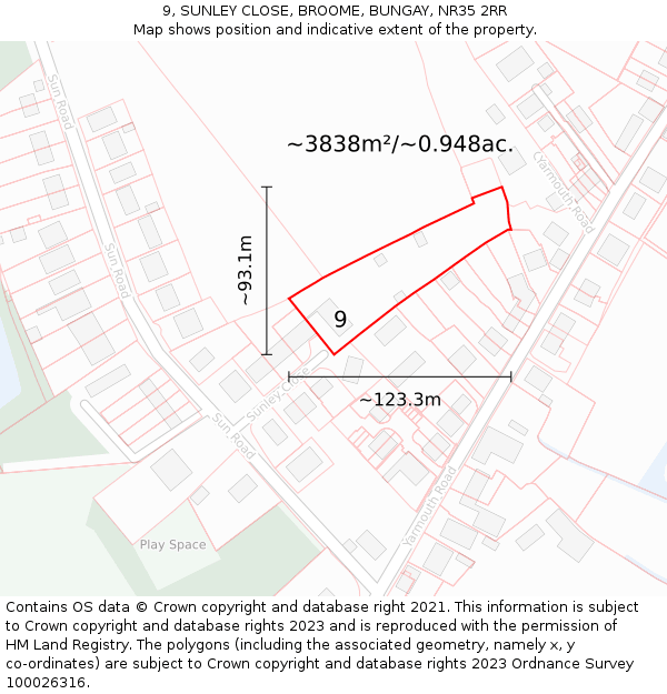 9, SUNLEY CLOSE, BROOME, BUNGAY, NR35 2RR: Plot and title map