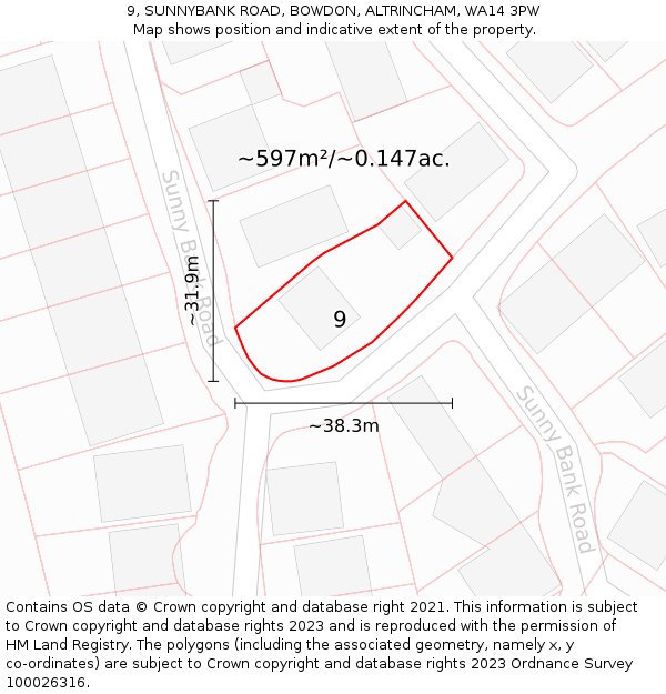 9, SUNNYBANK ROAD, BOWDON, ALTRINCHAM, WA14 3PW: Plot and title map