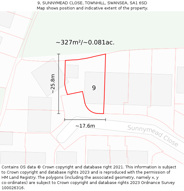 9, SUNNYMEAD CLOSE, TOWNHILL, SWANSEA, SA1 6SD: Plot and title map