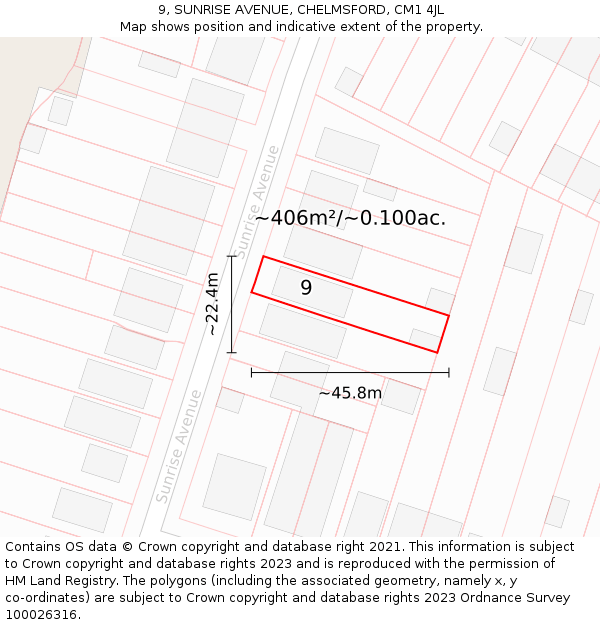 9, SUNRISE AVENUE, CHELMSFORD, CM1 4JL: Plot and title map