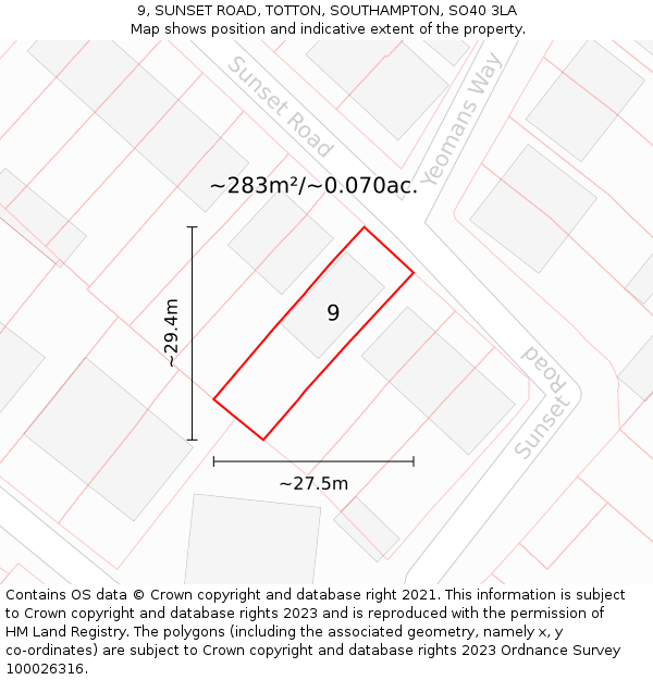 9, SUNSET ROAD, TOTTON, SOUTHAMPTON, SO40 3LA: Plot and title map