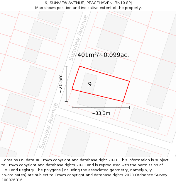 9, SUNVIEW AVENUE, PEACEHAVEN, BN10 8PJ: Plot and title map