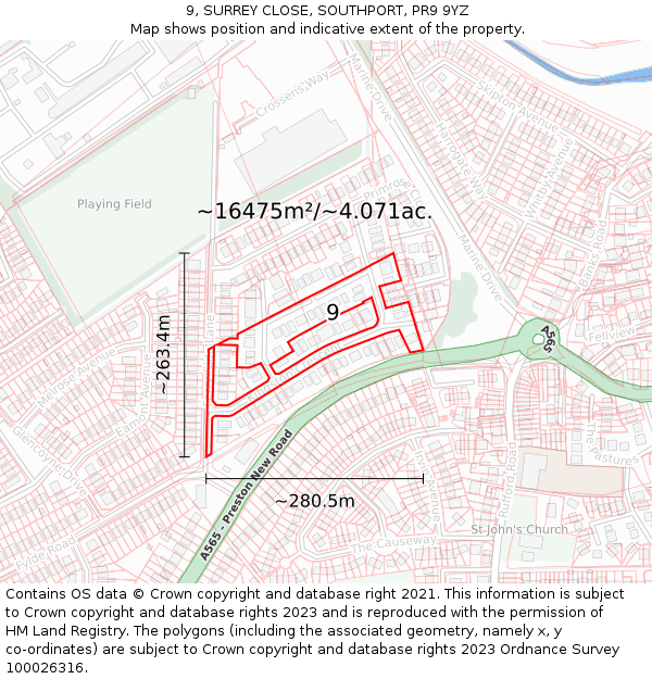 9, SURREY CLOSE, SOUTHPORT, PR9 9YZ: Plot and title map