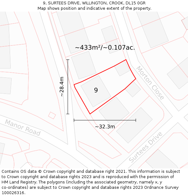 9, SURTEES DRIVE, WILLINGTON, CROOK, DL15 0GR: Plot and title map