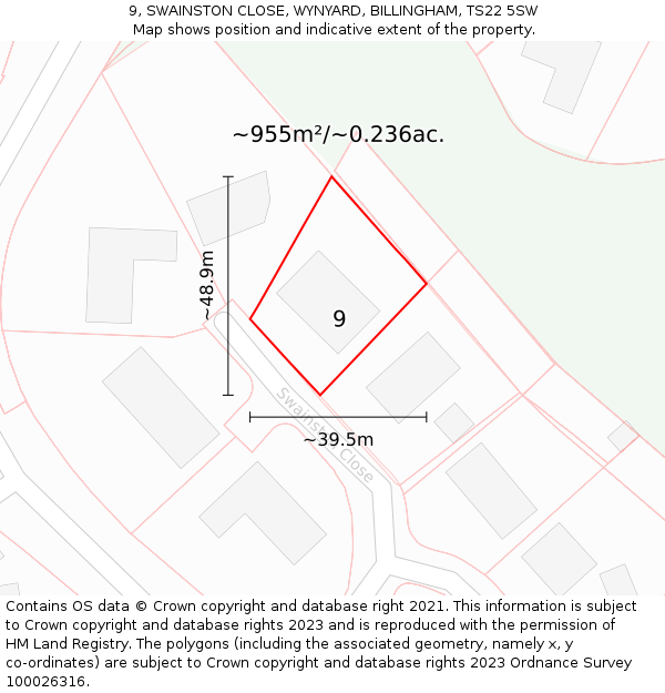 9, SWAINSTON CLOSE, WYNYARD, BILLINGHAM, TS22 5SW: Plot and title map