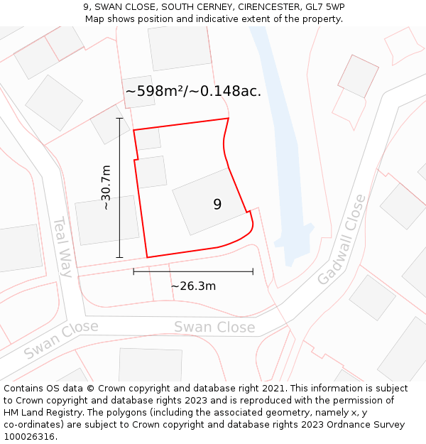 9, SWAN CLOSE, SOUTH CERNEY, CIRENCESTER, GL7 5WP: Plot and title map