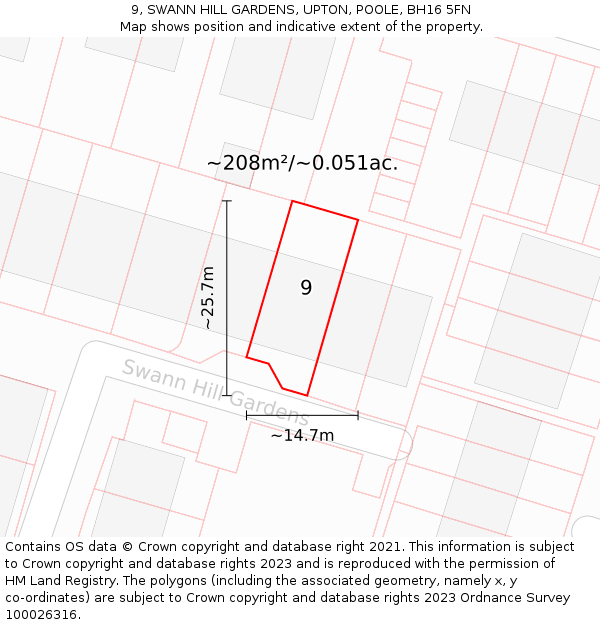 9, SWANN HILL GARDENS, UPTON, POOLE, BH16 5FN: Plot and title map