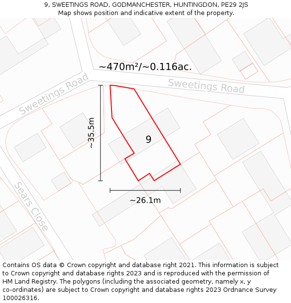 9, SWEETINGS ROAD, GODMANCHESTER, HUNTINGDON, PE29 2JS: Plot and title map