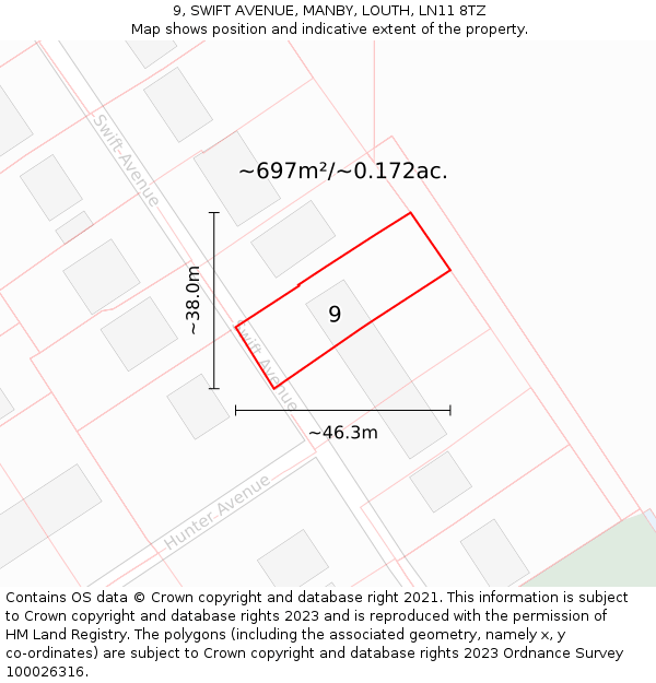 9, SWIFT AVENUE, MANBY, LOUTH, LN11 8TZ: Plot and title map