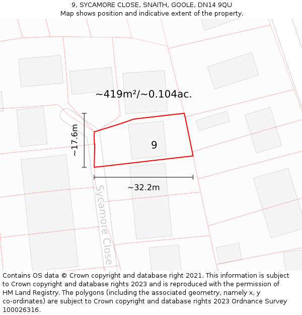 9, SYCAMORE CLOSE, SNAITH, GOOLE, DN14 9QU: Plot and title map