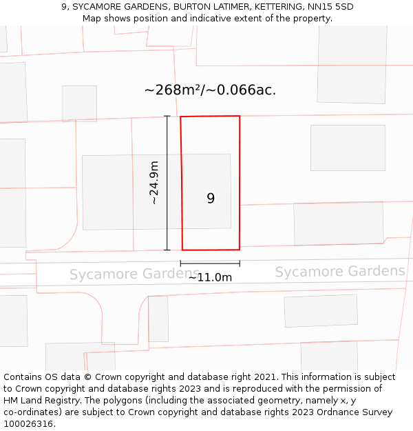9, SYCAMORE GARDENS, BURTON LATIMER, KETTERING, NN15 5SD: Plot and title map