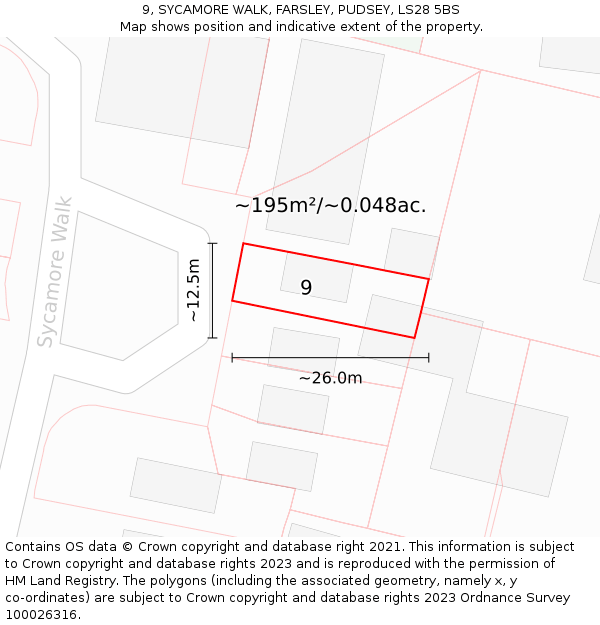 9, SYCAMORE WALK, FARSLEY, PUDSEY, LS28 5BS: Plot and title map