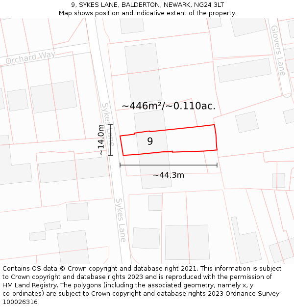 9, SYKES LANE, BALDERTON, NEWARK, NG24 3LT: Plot and title map