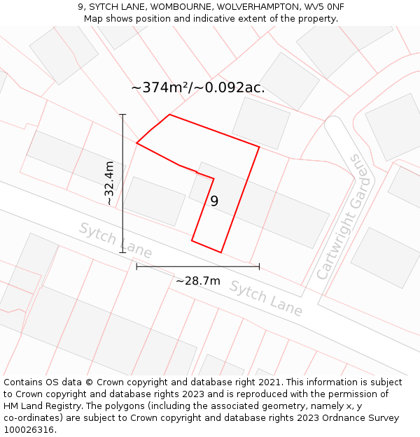 9, SYTCH LANE, WOMBOURNE, WOLVERHAMPTON, WV5 0NF: Plot and title map