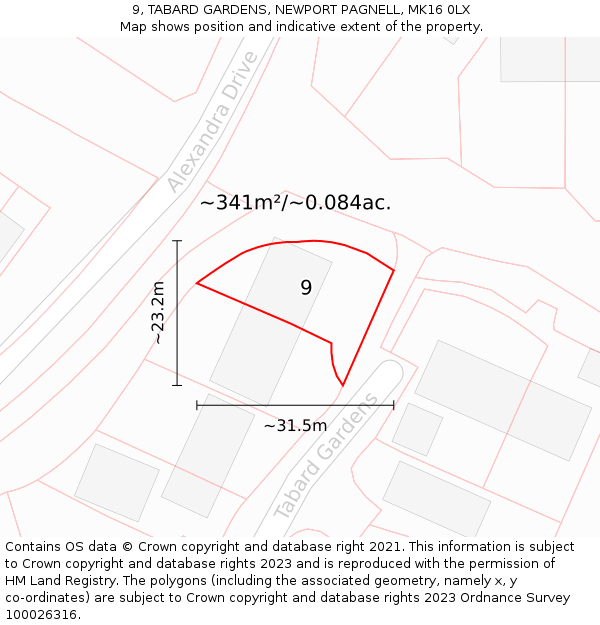 9, TABARD GARDENS, NEWPORT PAGNELL, MK16 0LX: Plot and title map