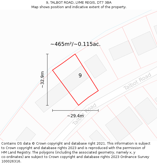 9, TALBOT ROAD, LYME REGIS, DT7 3BA: Plot and title map