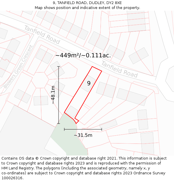 9, TANFIELD ROAD, DUDLEY, DY2 8XE: Plot and title map