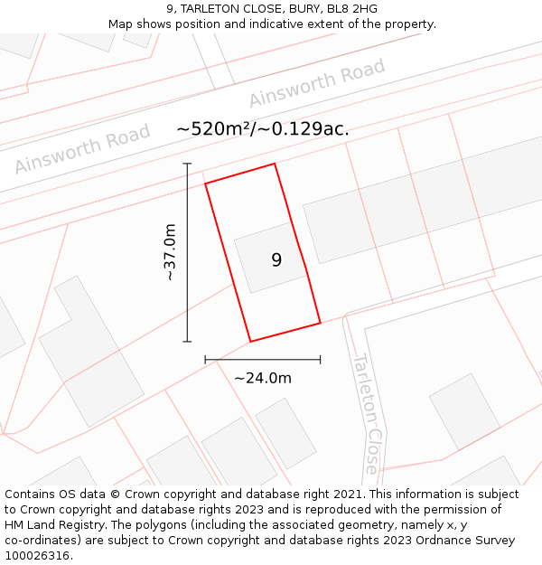 9, TARLETON CLOSE, BURY, BL8 2HG: Plot and title map