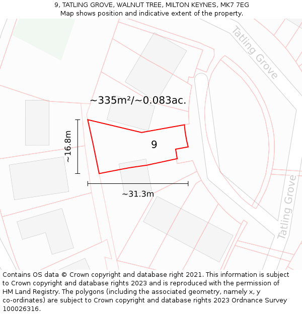 9, TATLING GROVE, WALNUT TREE, MILTON KEYNES, MK7 7EG: Plot and title map