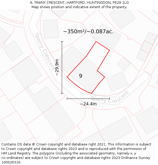 9, TAWNY CRESCENT, HARTFORD, HUNTINGDON, PE29 1LG: Plot and title map