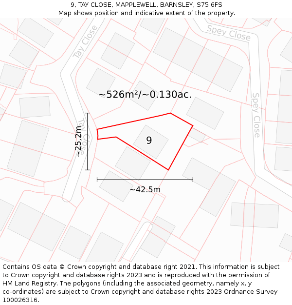 9, TAY CLOSE, MAPPLEWELL, BARNSLEY, S75 6FS: Plot and title map