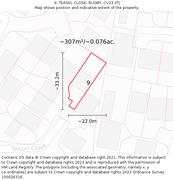 9, TEASEL CLOSE, RUGBY, CV23 0TJ: Plot and title map