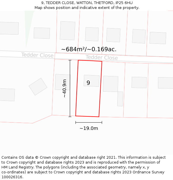 9, TEDDER CLOSE, WATTON, THETFORD, IP25 6HU: Plot and title map