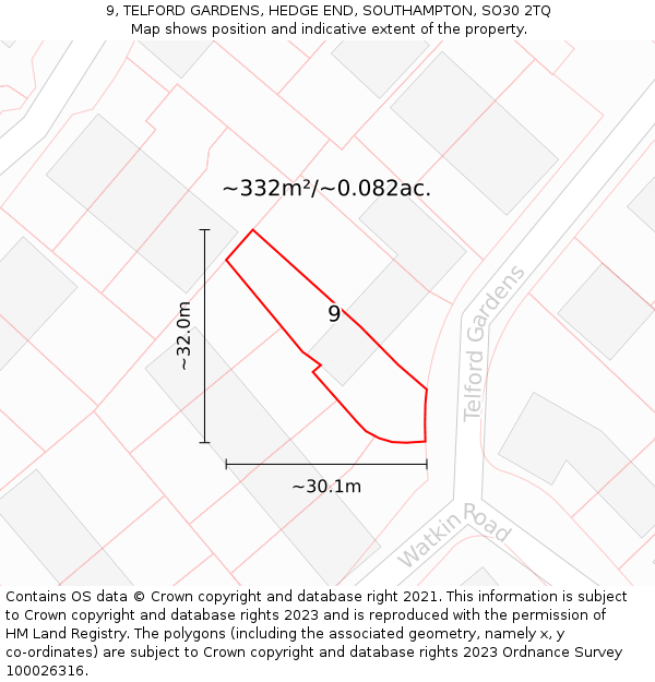 9, TELFORD GARDENS, HEDGE END, SOUTHAMPTON, SO30 2TQ: Plot and title map