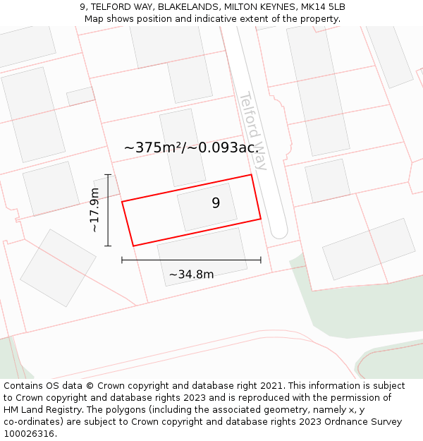 9, TELFORD WAY, BLAKELANDS, MILTON KEYNES, MK14 5LB: Plot and title map