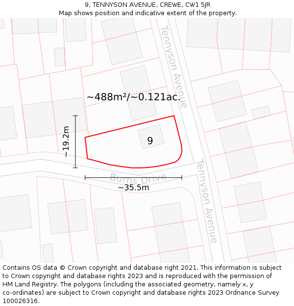 9, TENNYSON AVENUE, CREWE, CW1 5JR: Plot and title map