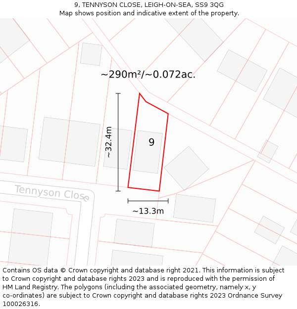 9, TENNYSON CLOSE, LEIGH-ON-SEA, SS9 3QG: Plot and title map