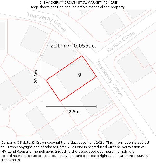 9, THACKERAY GROVE, STOWMARKET, IP14 1RE: Plot and title map