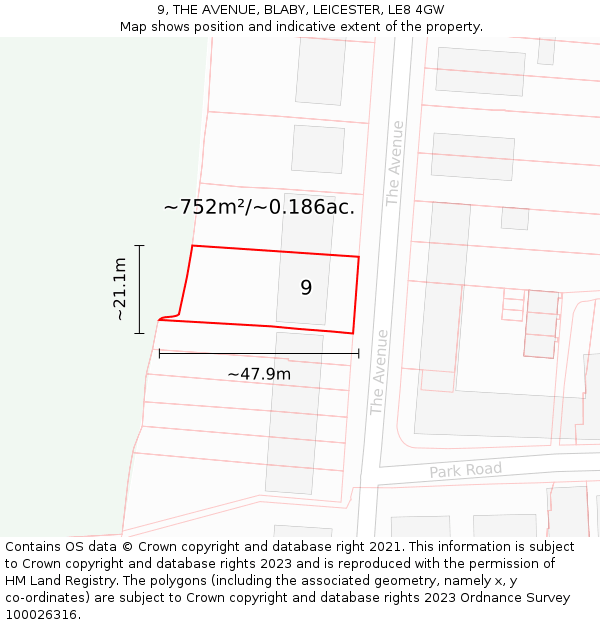 9, THE AVENUE, BLABY, LEICESTER, LE8 4GW: Plot and title map