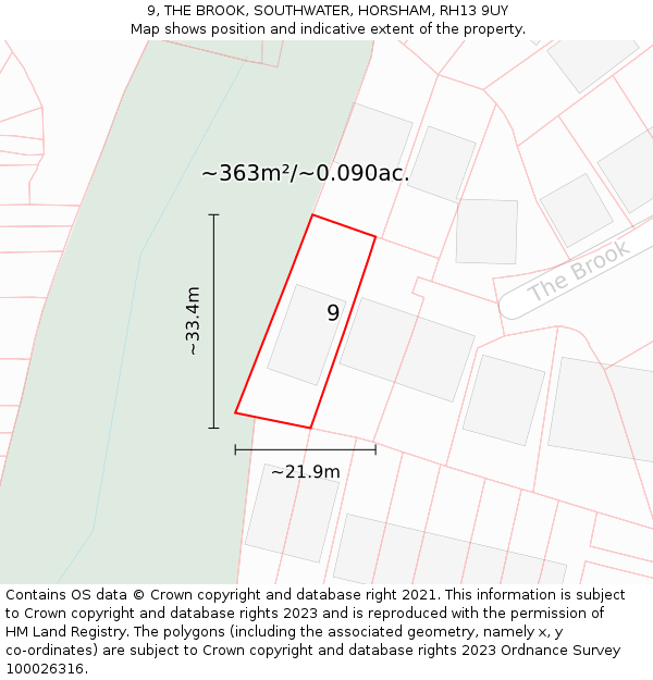 9, THE BROOK, SOUTHWATER, HORSHAM, RH13 9UY: Plot and title map