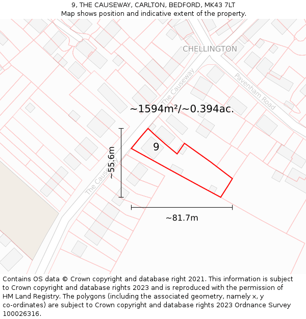 9, THE CAUSEWAY, CARLTON, BEDFORD, MK43 7LT: Plot and title map