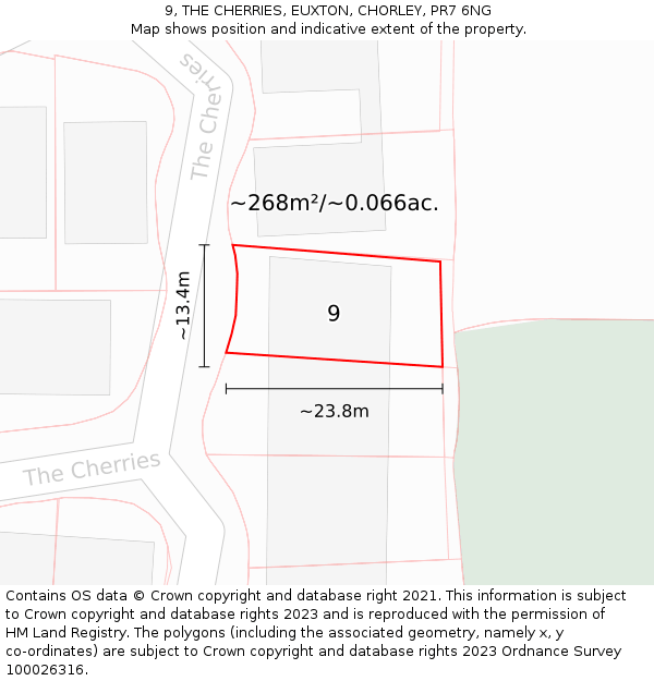 9, THE CHERRIES, EUXTON, CHORLEY, PR7 6NG: Plot and title map