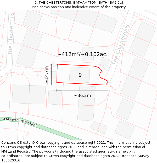 9, THE CHESTERTONS, BATHAMPTON, BATH, BA2 6UJ: Plot and title map