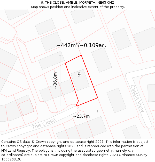 9, THE CLOSE, AMBLE, MORPETH, NE65 0HZ: Plot and title map