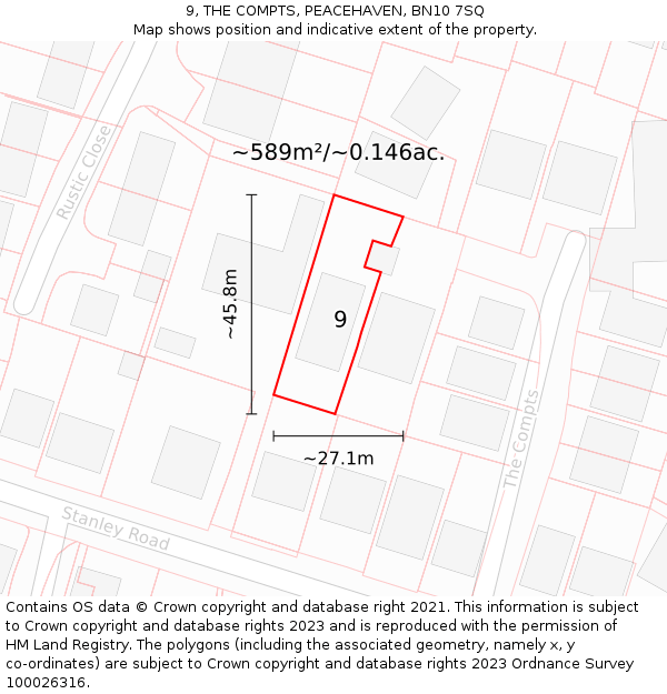 9, THE COMPTS, PEACEHAVEN, BN10 7SQ: Plot and title map