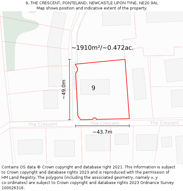 9, THE CRESCENT, PONTELAND, NEWCASTLE UPON TYNE, NE20 9AL: Plot and title map