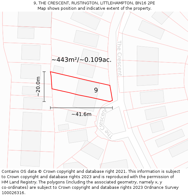 9, THE CRESCENT, RUSTINGTON, LITTLEHAMPTON, BN16 2PE: Plot and title map